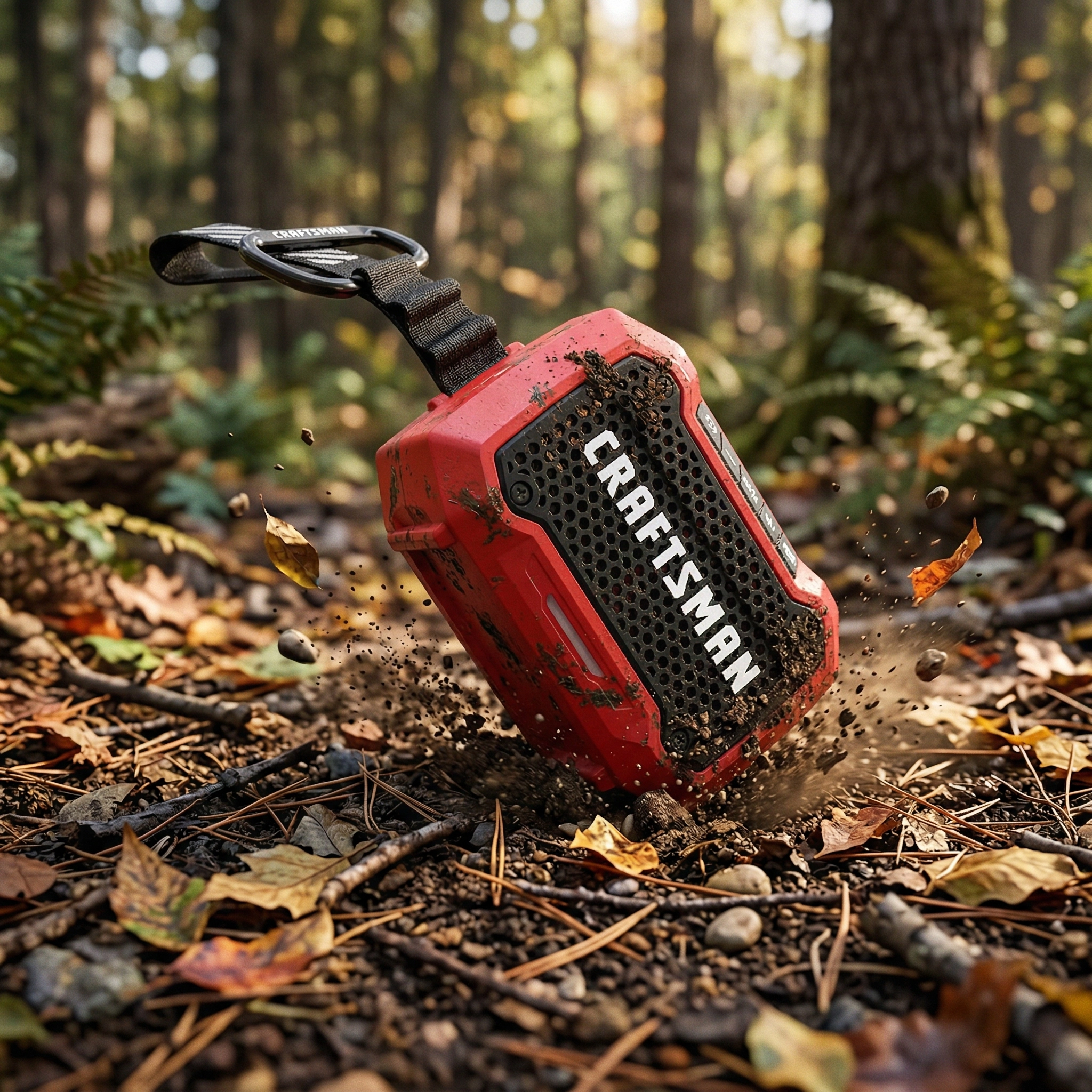 Craftsman mini speaker on a nature trail