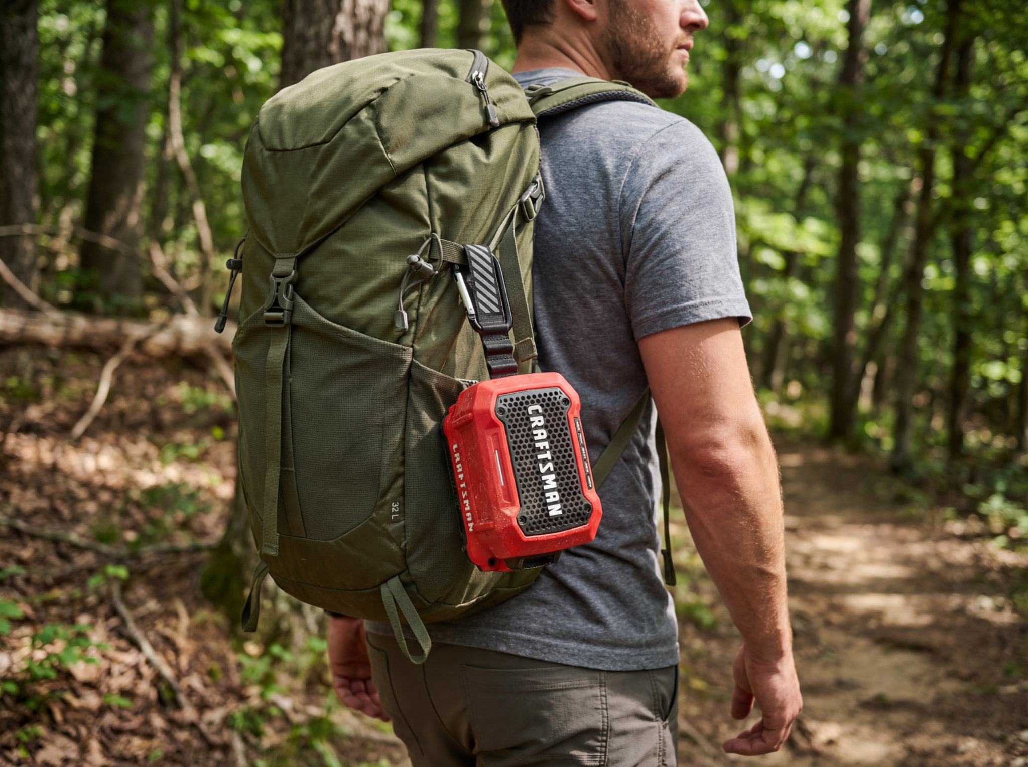 CRAFTSMAN mini speaker attached to a backpack on a nature trail