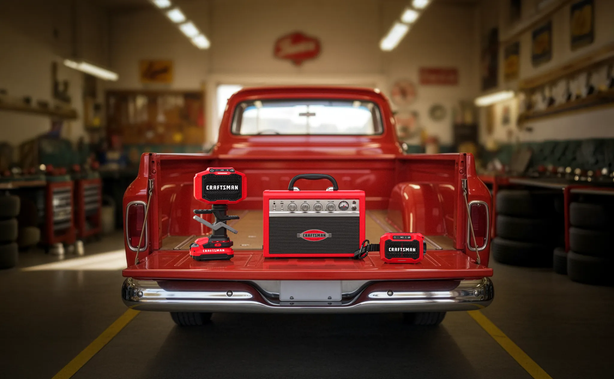 CRAFTSMAN licensed technology hero image featuring red truck tailgate with audio products