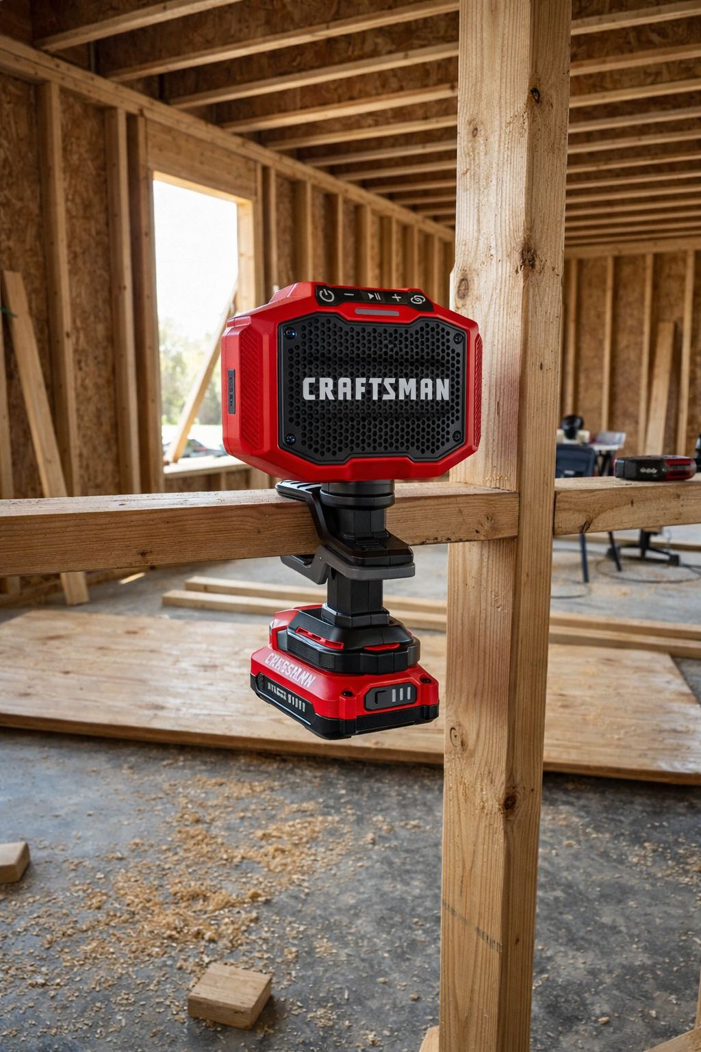 CRAFTSMAN clamp speaker mounted to a wood stud inside a framing jobsite