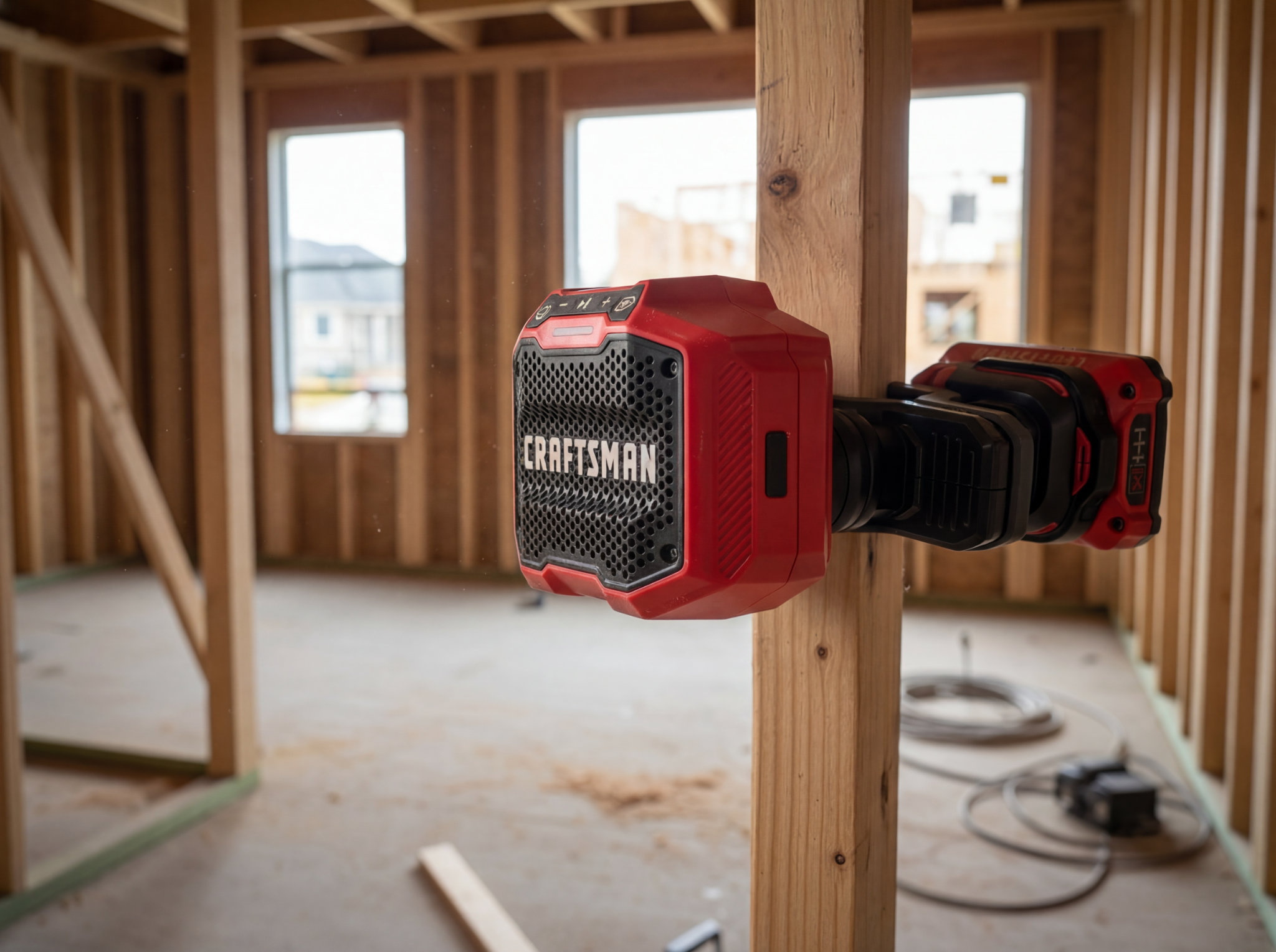 CRAFTSMAN Bluetooth clamp speaker mounted to a wood framing stud