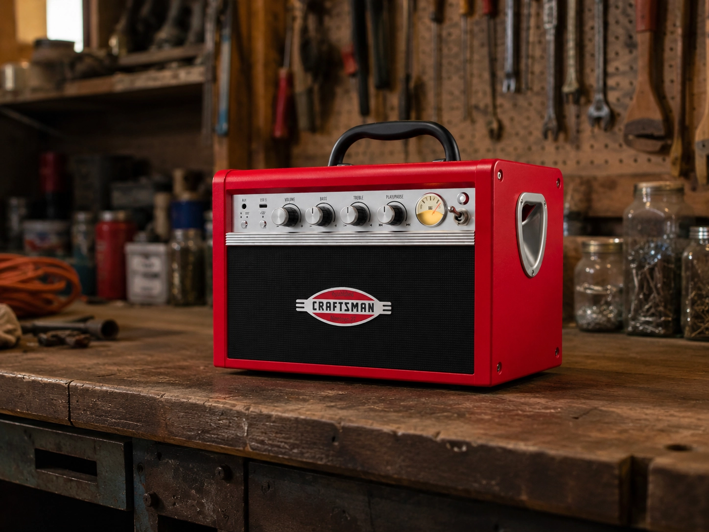 CRAFTSMAN V20 Max Wireless Vintage Speaker on a workshop bench