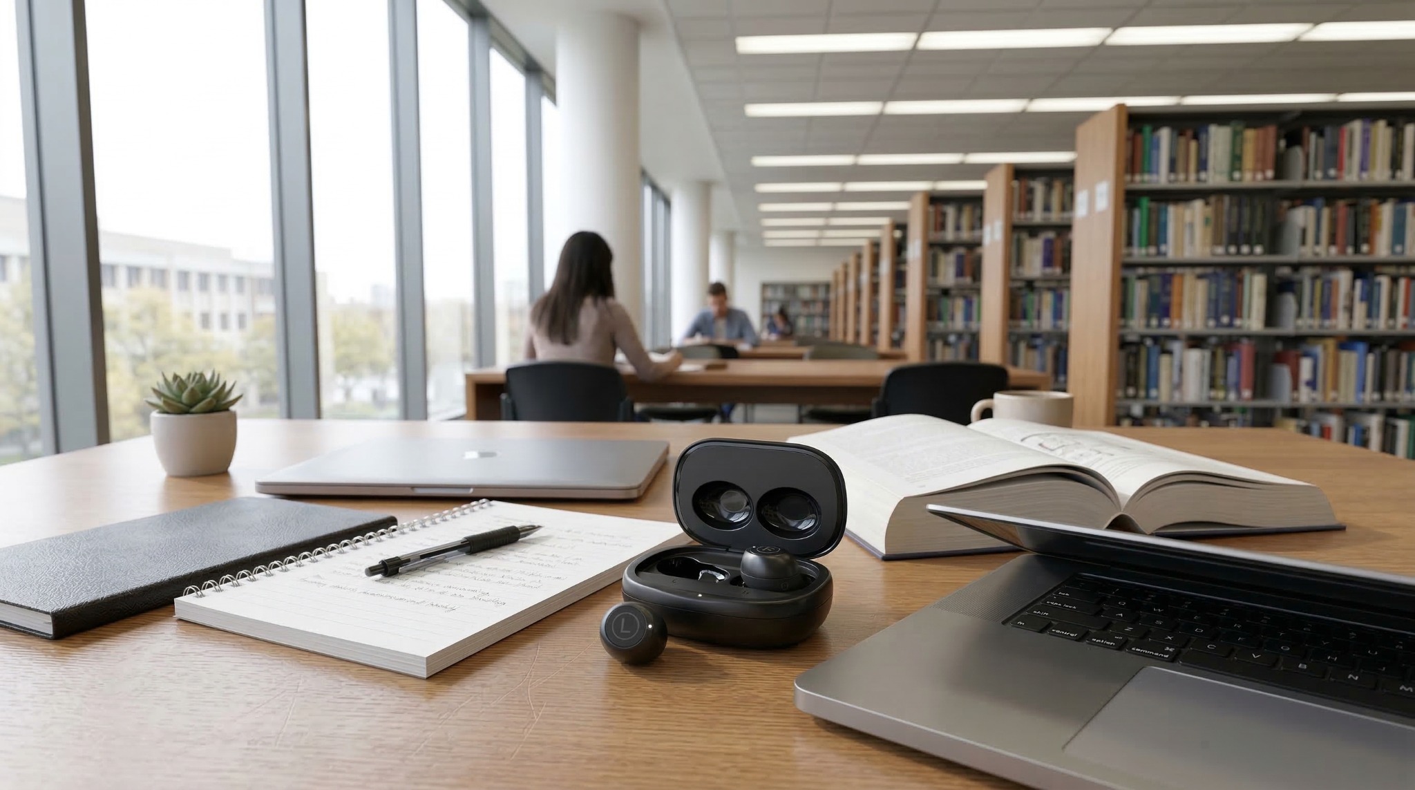 Cyberguys! wireless earbuds on a study desk