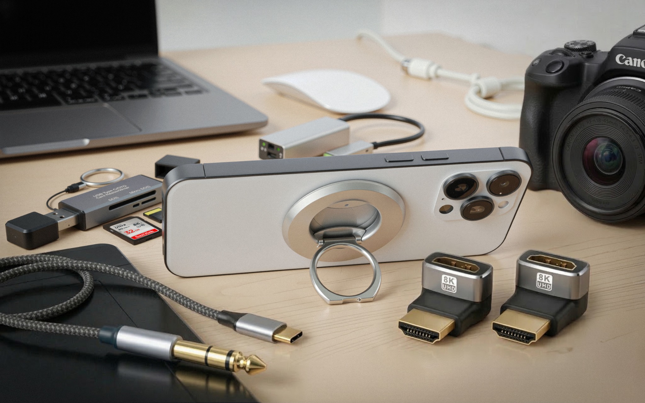 Cyberguys! mobile and desktop accessories arranged on a workspace