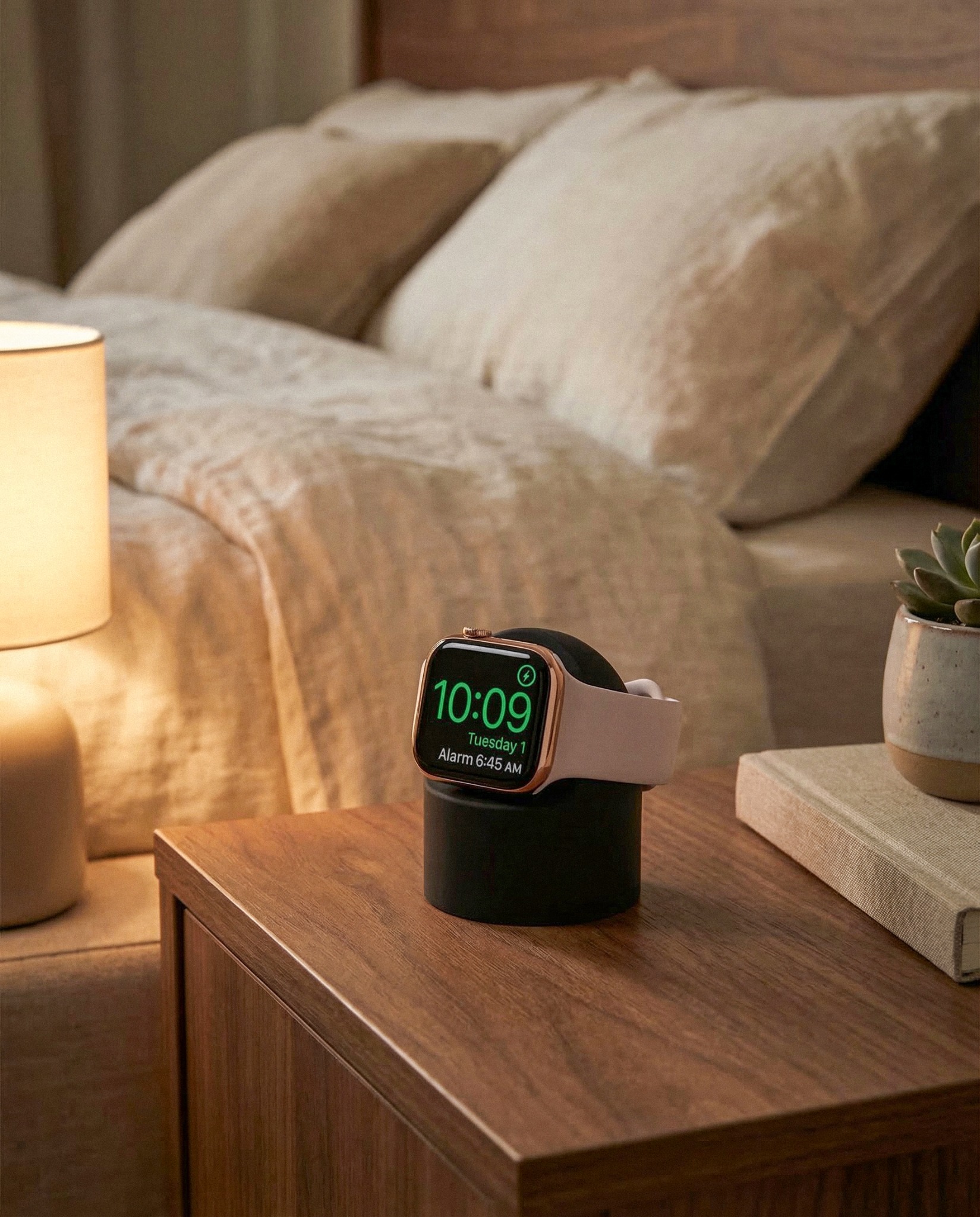 Cyberguys! charging solution with a smartwatch on a bedside table