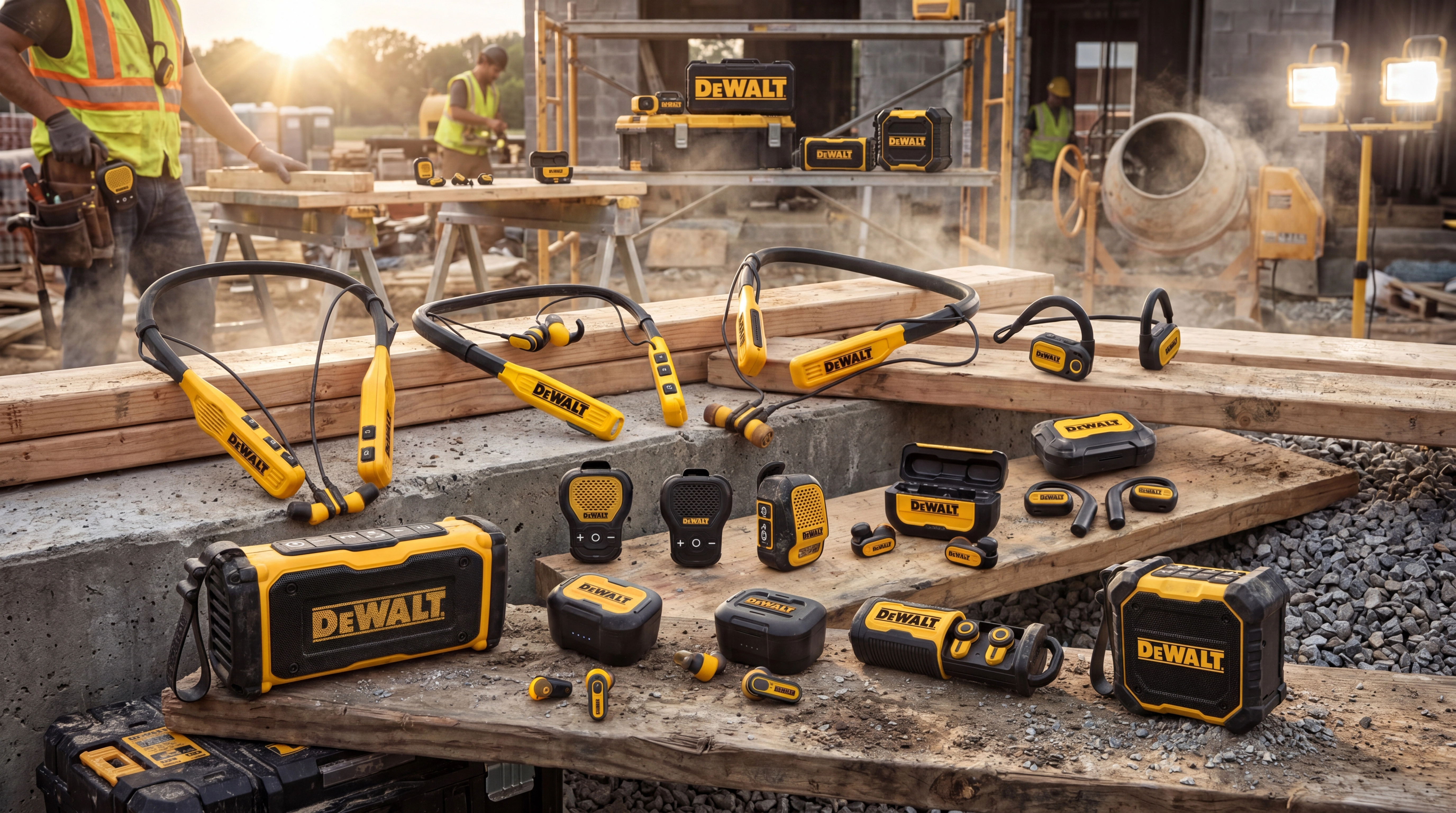 DeWALT audio accessory family displayed on a jobsite workbench