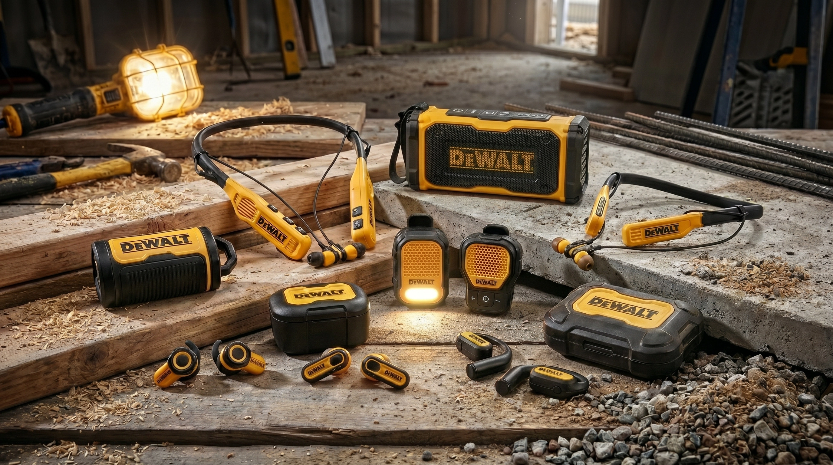 DEWALT product lineup on a jobsite