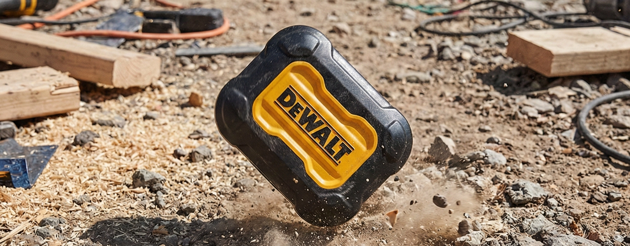 DEWALT product case impacting rugged ground with dust and debris
