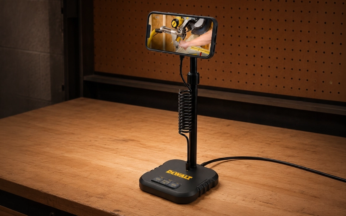 DEWALT Protection & Utility product stand on a workbench
