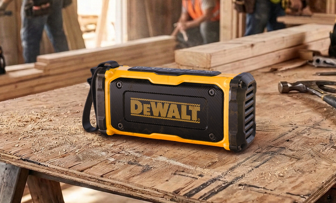 DEWALT ToughSound Pro Bluetooth speaker on jobsite table