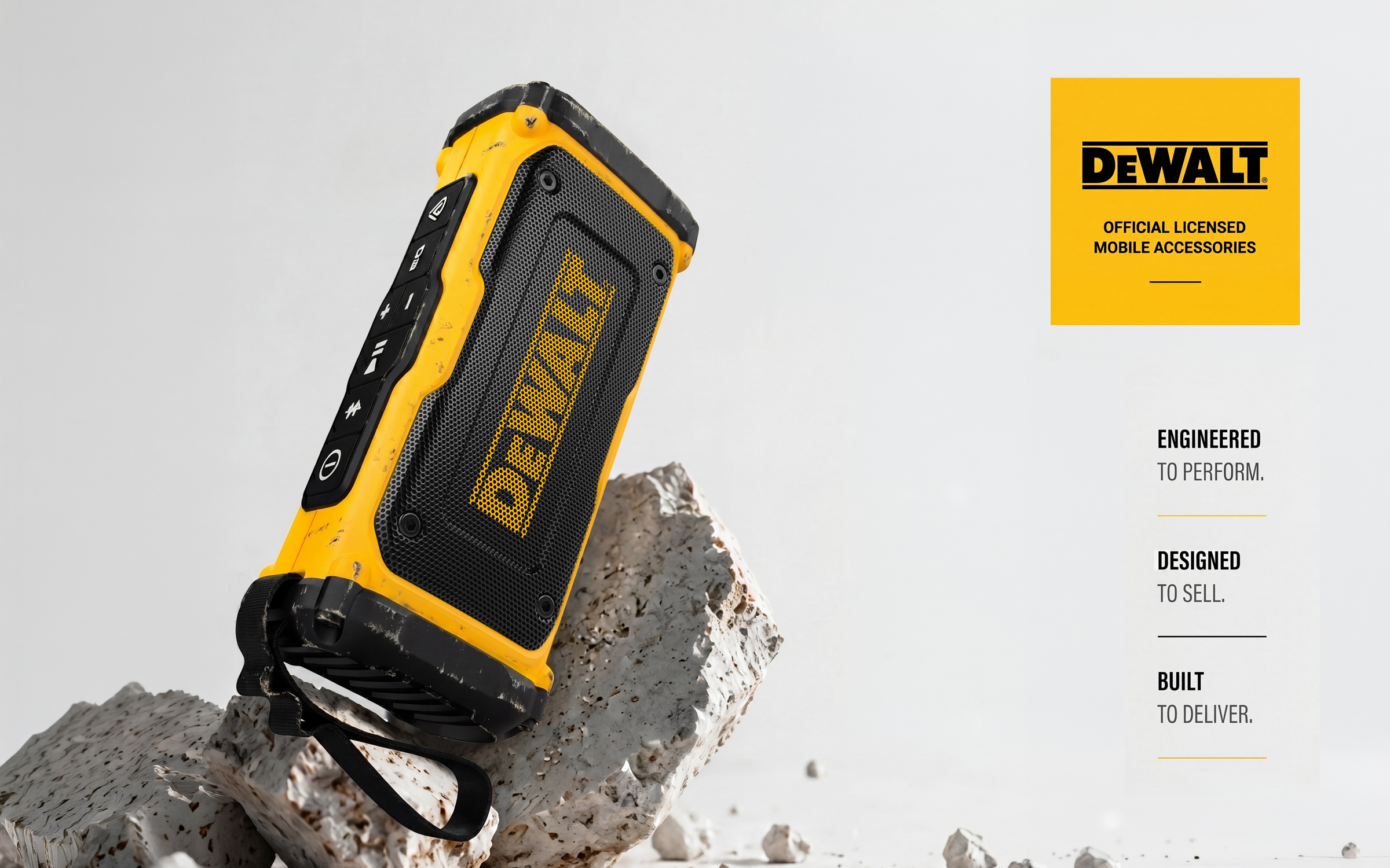 DeWALT ToughSound Pro Bluetooth speaker on broken cement with licensed mobile accessories badge