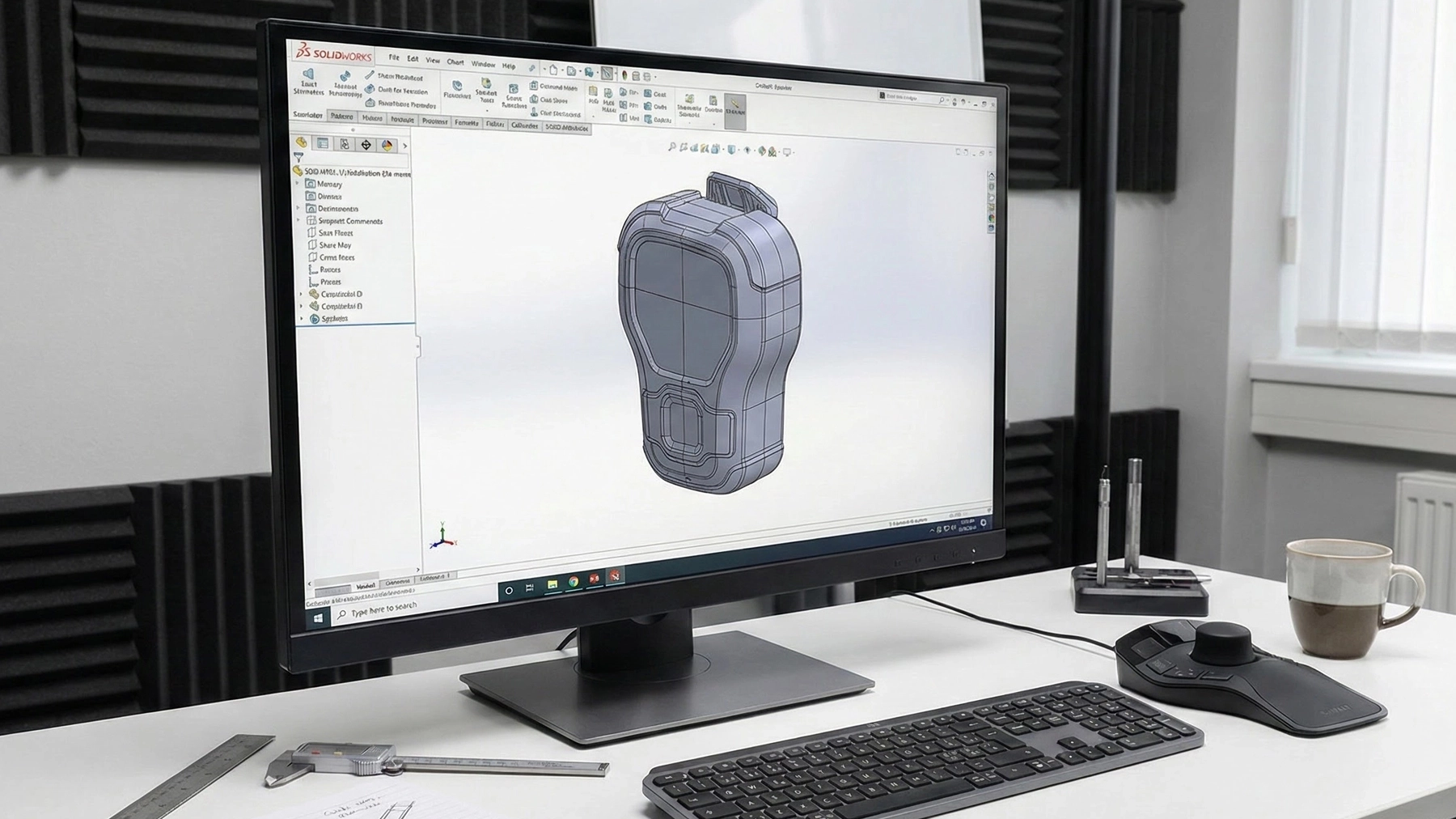 CAD workstation showing the wearable speaker model
