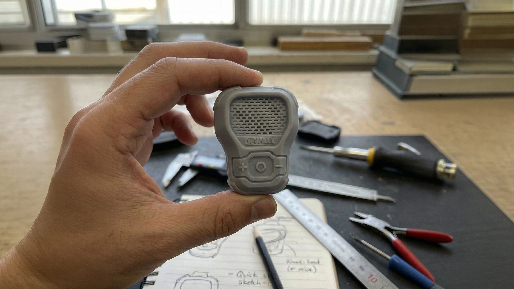 Hand holding a gray 3D printed wearable speaker prototype