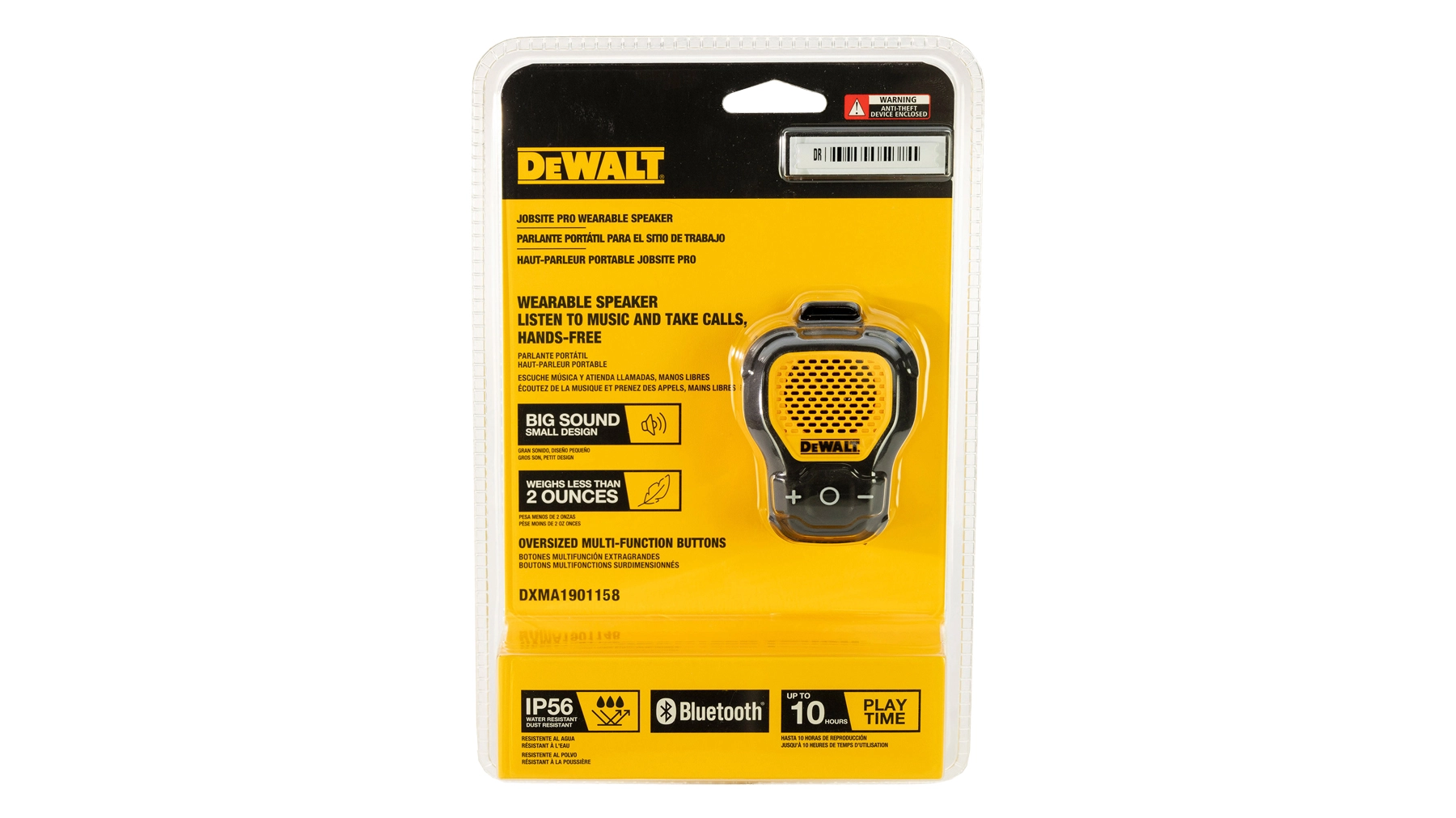 DEWALT wearable speaker clamshell retail packaging