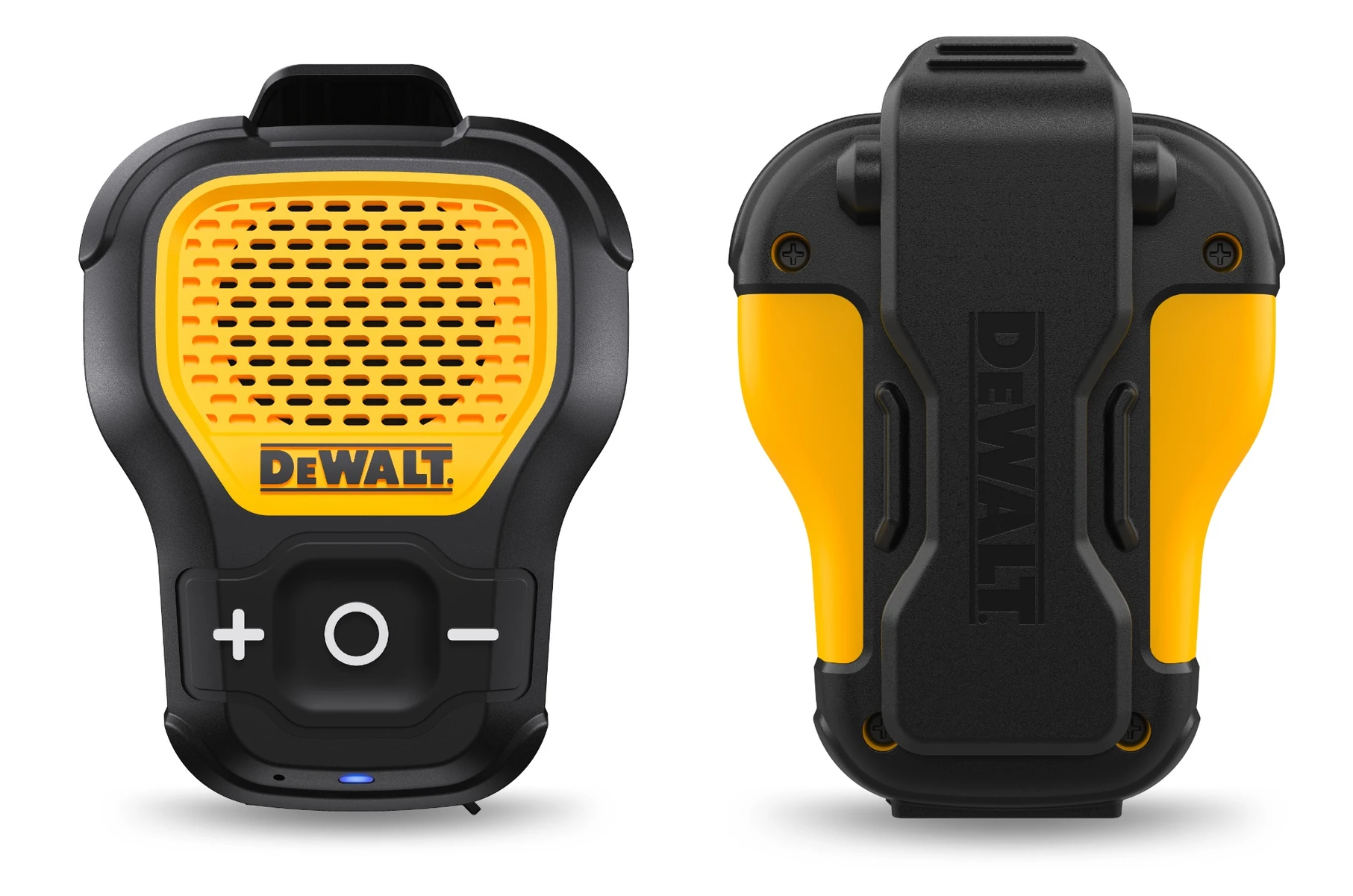 DEWALT Wearable Bluetooth Speaker front and back product render on a clean light background
