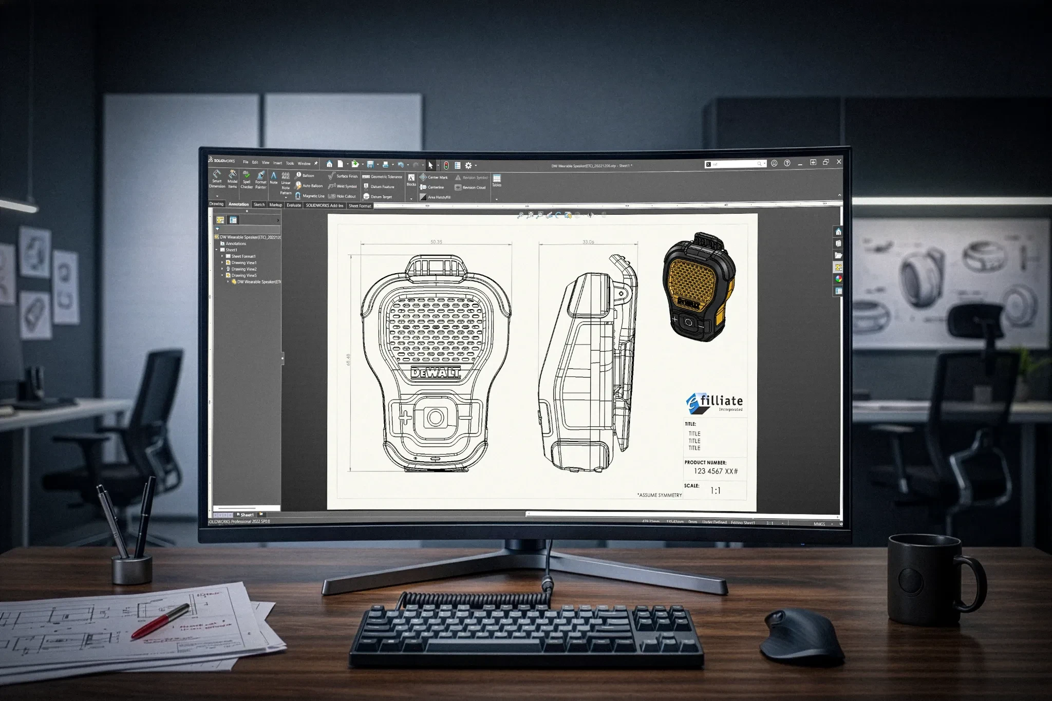 CAD workstation showing DEWALT Wearable Bluetooth Speaker technical drawings