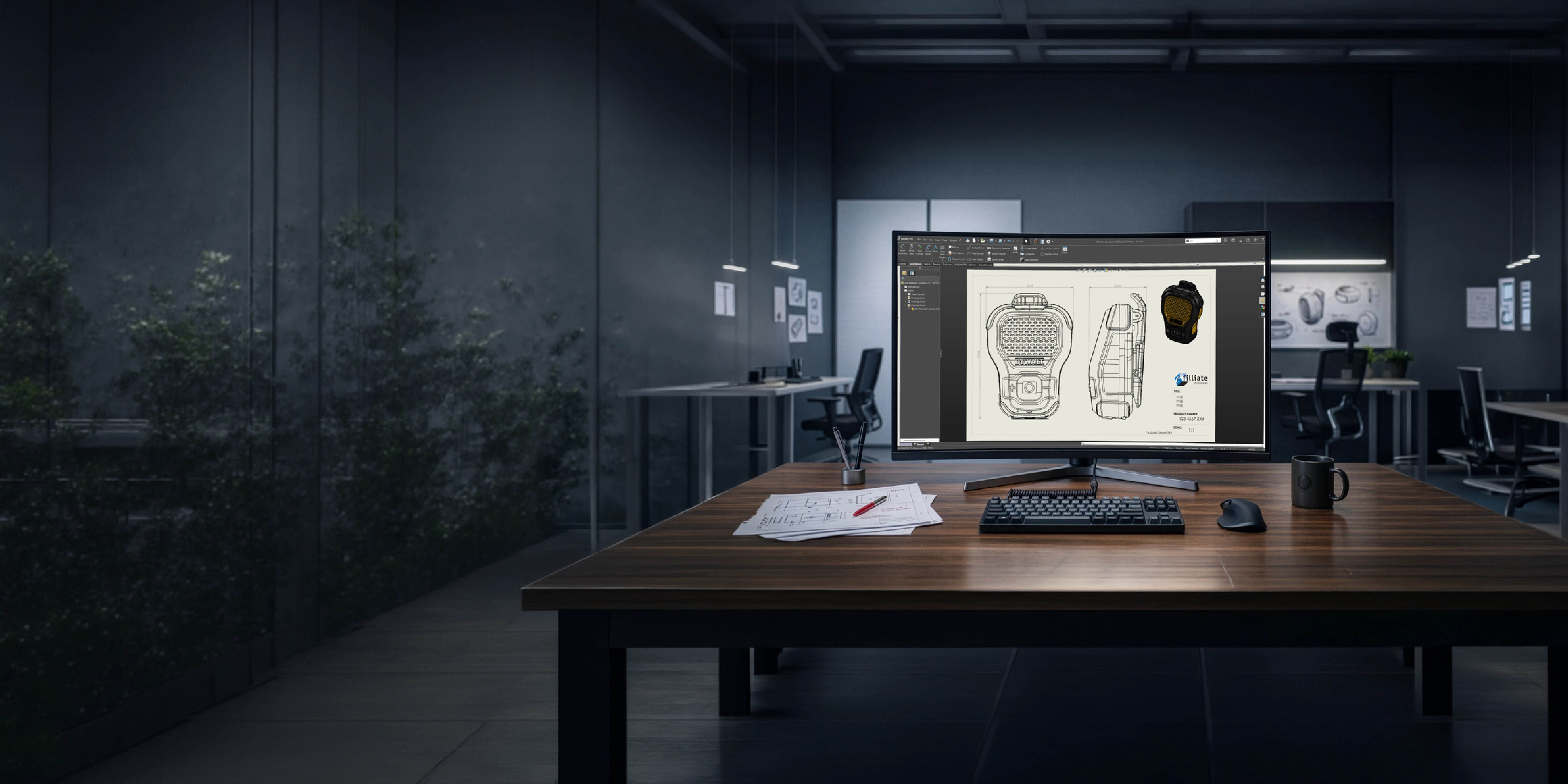 Dark modern product development workspace with CAD drawings on a monitor