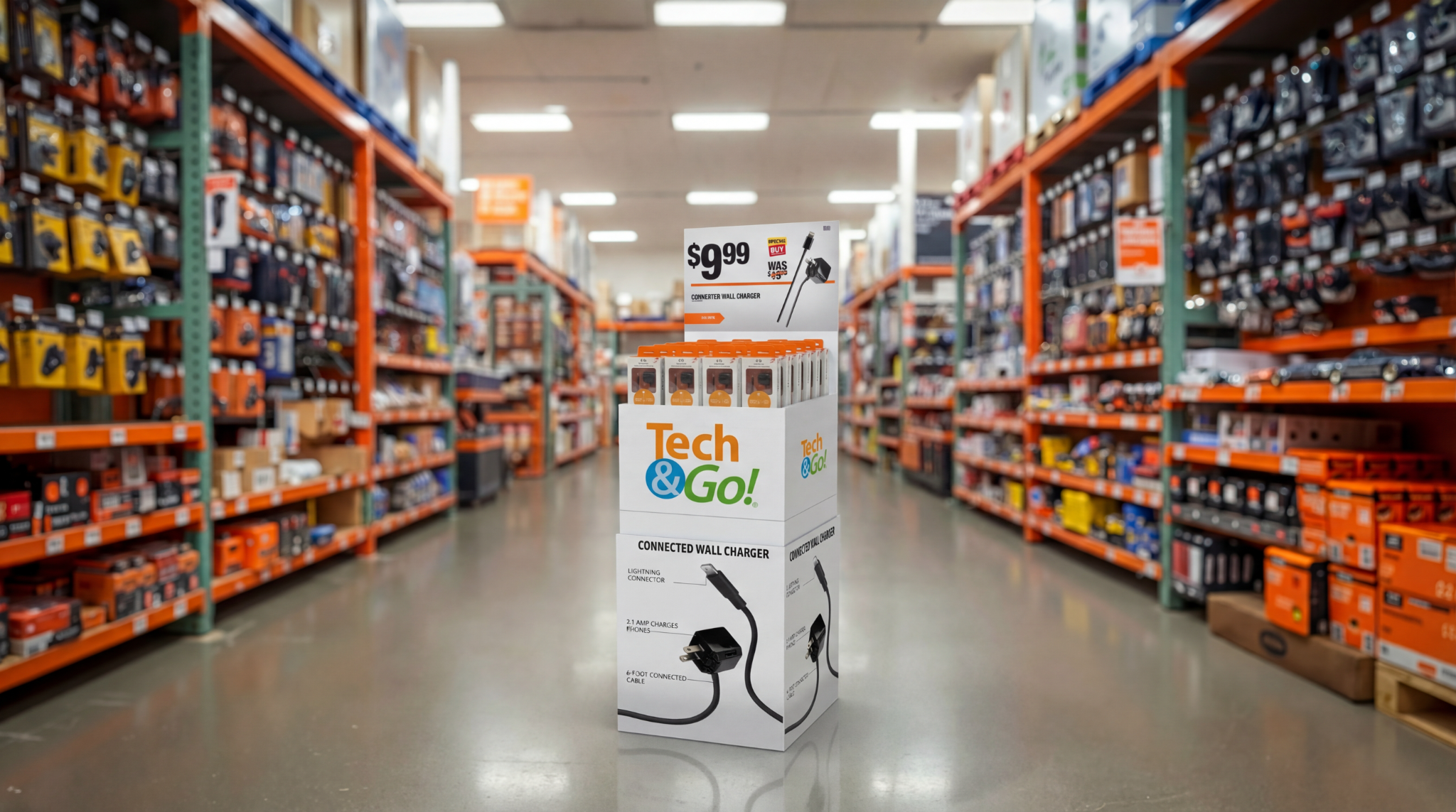 Tech & Go connected wall charger floor display in a Home Depot aisle