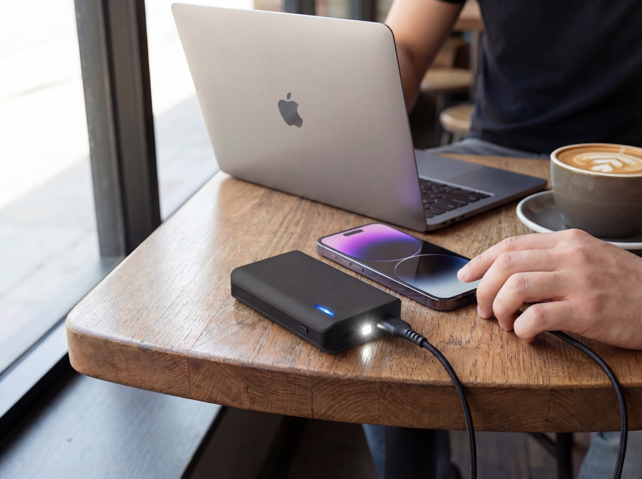 Tech & Go power bank charging a phone on a cafe table