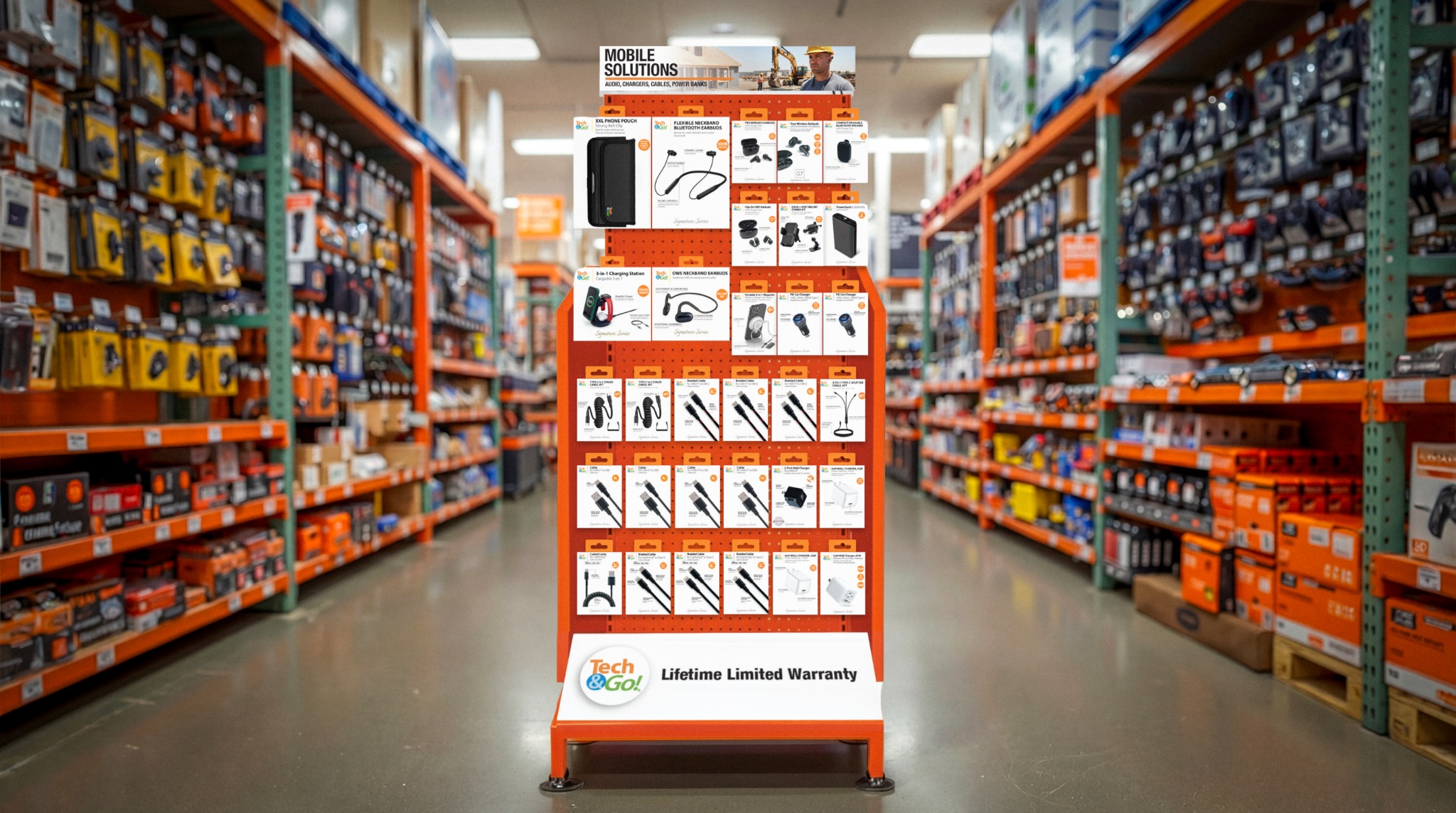 Tech & Go mobile solutions endcap display in a Home Depot aisle