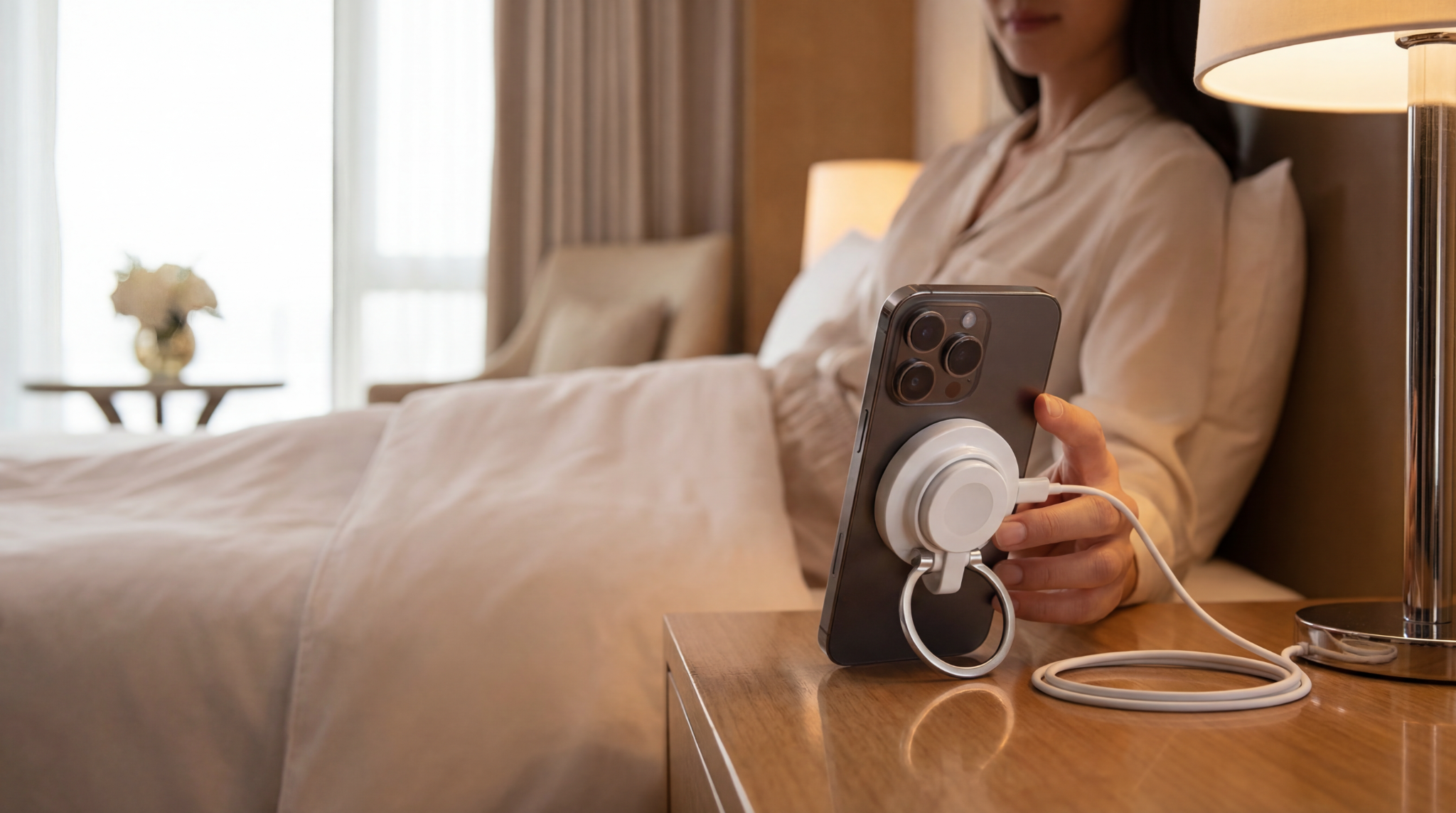 Tech & Go portable magnetic wireless charger with stand on a hotel nightstand